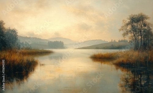 Impressionism Serene Landscape Ethereal Atmosphere Soft Light Mist Water Hills