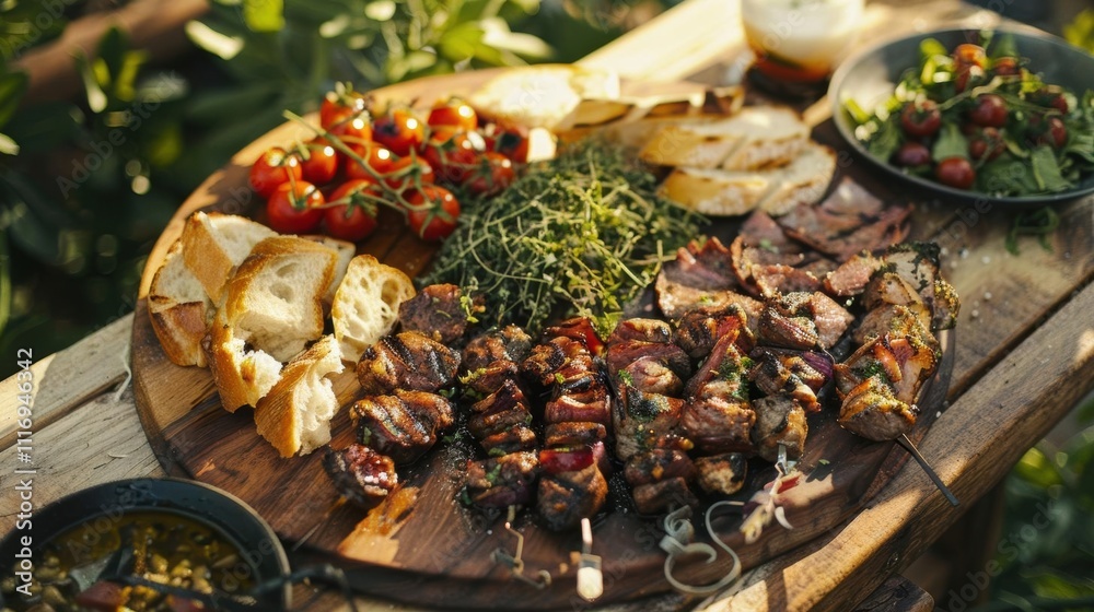 A delicious spread featuring grilled meats, fresh vegetables, and bread. A delicious spread featuring grilled meats, fresh vegetables, and bread.
