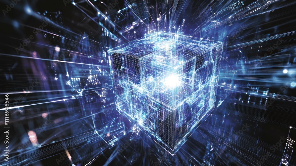 Obraz premium Glowing digital cube with data streams.