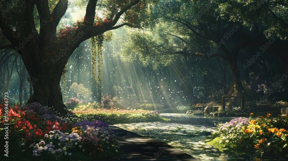 Obraz premium Sunbeams illuminate a magical forest path, flowers, stream, and lush greenery.