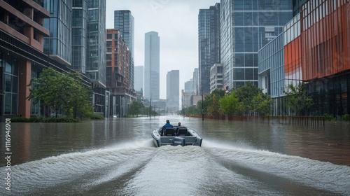 Floodwaters inundate a city street, forcing residents into a boat for evacuation.