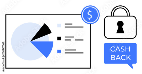 Pie chart with segments, checklists, dollar sign coin, padlock, and cash back dialogue bubble. Ideal for finance, savings, security investment business analysis marketing payment solutions. Line