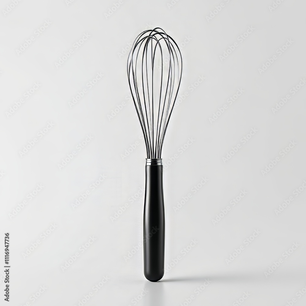 Detailed product shot of a 3D kitchen whisk with a black plastic handle. Close up view. Detailed product shot of a 3D kitchen whisk with a black plastic handle. Close up view.