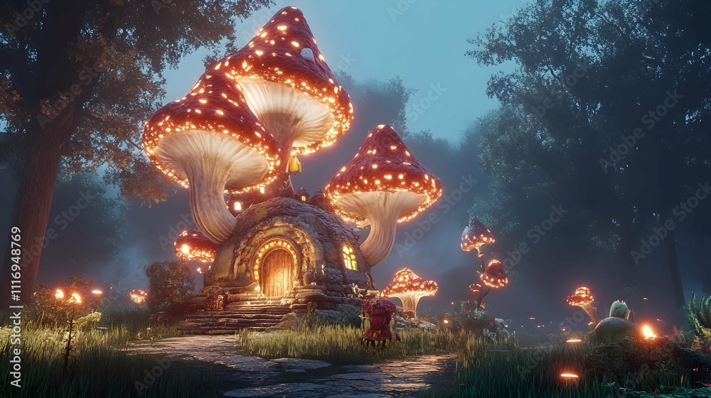 Fototapeta premium Enchanting mushroom house in a mystical forest at night, glowing with soft light, figures approach.