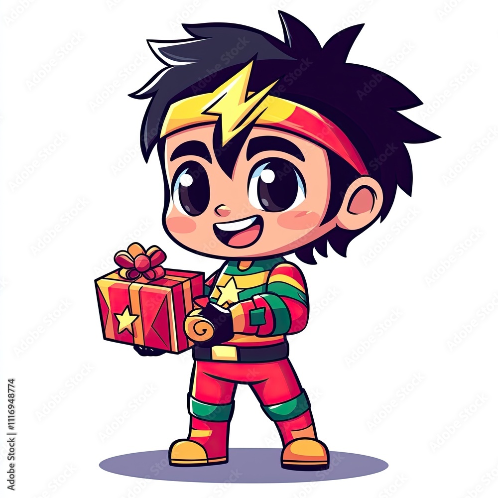 Joyful Cartoon Superhero Boy Holding a Gift Box Joyful Cartoon Superhero Boy Holding a Gift Box