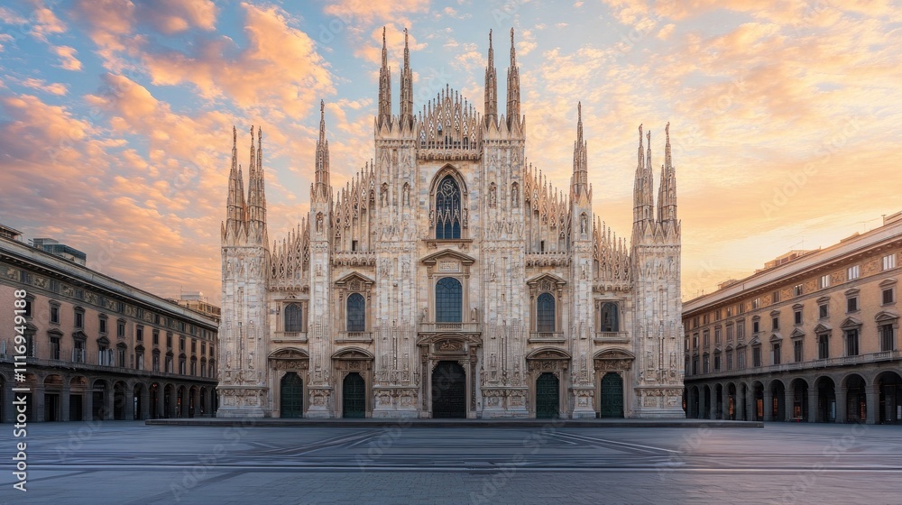 Naklejka premium Majestic Duomo di Milano at Sunrise: A Breathtaking View of Milan's Iconic Cathedral