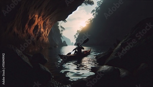 A canoeist exploring a hidden cove, silhouette, action photography, aesthetics,