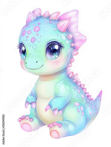 Watercolor illustartion of cute blue dinosaur isolated on white background. Anime style clipart photo