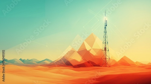 Geometric Desert Landscape: A minimalist and abstract digital illustration of a desert landscape featuring a towering structure, a lone structure in a vast expanse of geometric sand dunes.