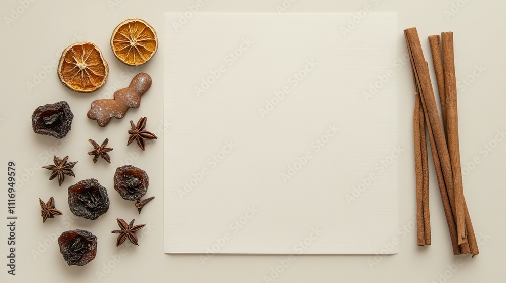 Minimalistic Beige Palette Flat Lay of Christmas Gingerbread Cookies, Cinnamon Sticks, and Dried Fruits on White Paper Background. Natural Light Photography for Holiday Greeting Cards and Seasonal Dec Minimalistic Beige Palette Flat Lay of Christmas Gingerbread Cookies, Cinnamon Sticks, and Dried Fruits on White Paper Background. Natural Light Photography for Holiday Greeting Cards and Seasonal Dec