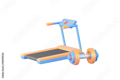 3d rendering cartoon treadmill and dumbbell