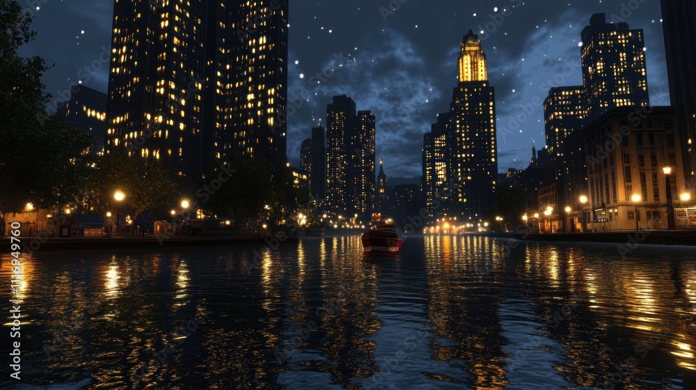 Obraz premium Night Cityscape: Illuminated Skyscrapers Reflecting on Calm Water