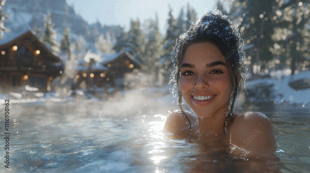 Fototapeta premium Smiling woman enjoying a snowy outdoor spa