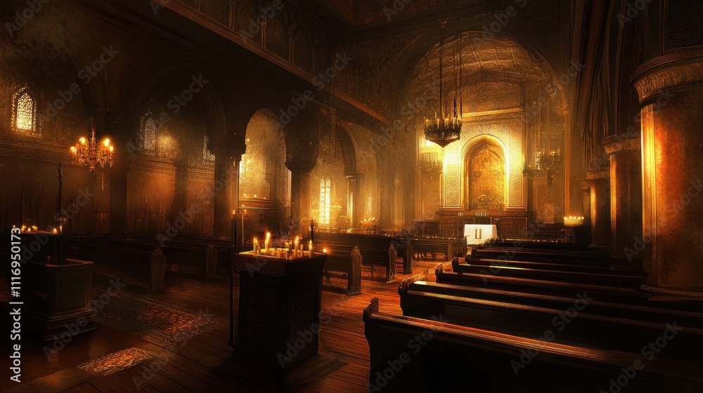 Obraz premium Candlelit Cathedral Interior: A Serene Sanctuary