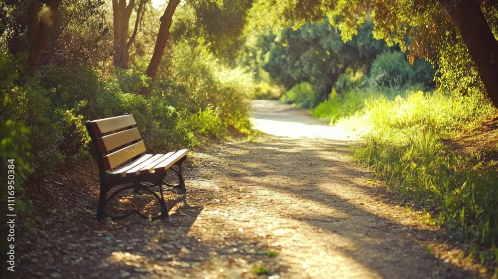 Fototapeta premium Tranquil Park Bench Path: A Serene Summer Scene