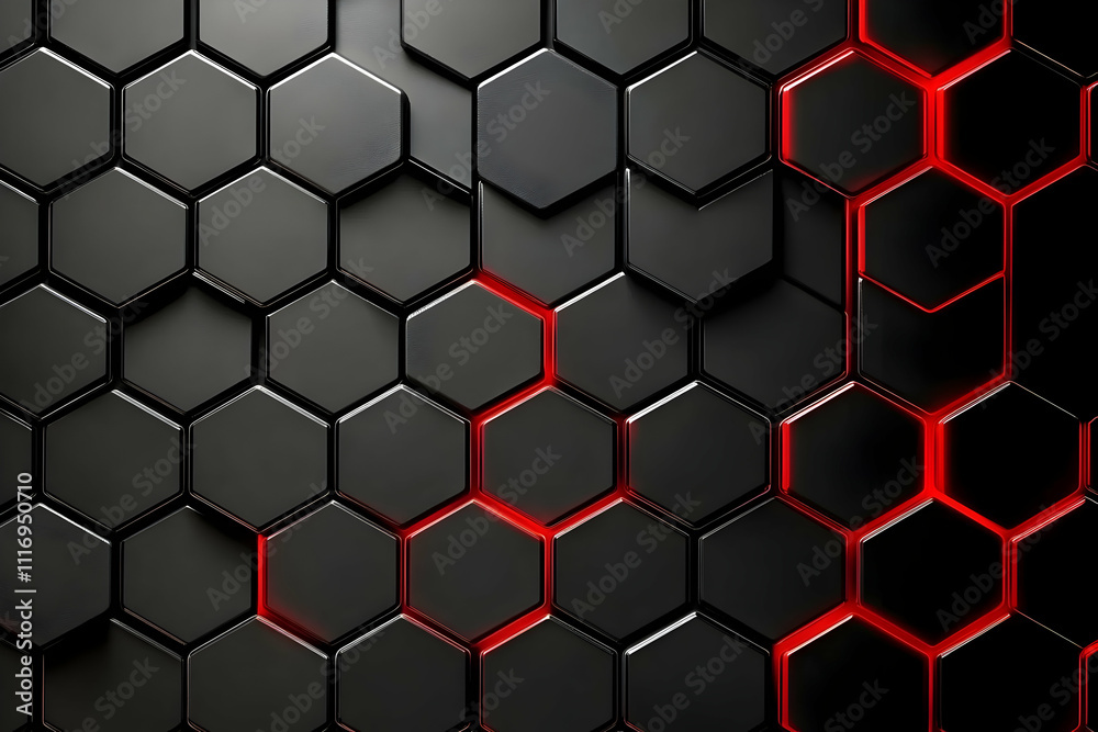 Abstract dark grey hexagon pattern with red glowing lines. Abstract dark grey hexagon pattern with red glowing lines.