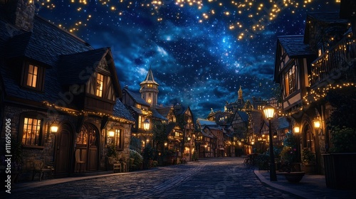 Enchanted Night in a Medieval Village: A Starry Scene