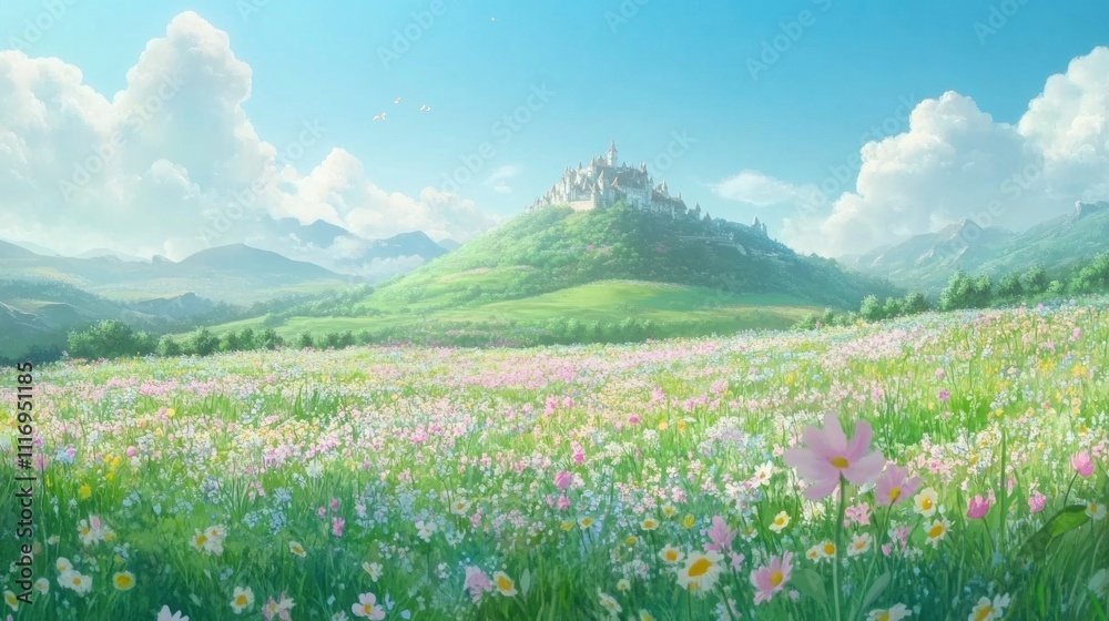 Obraz premium Enchanted Meadow: Fairytale Castle Amidst a Blooming Wildflower Field