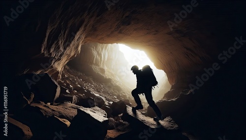 A caver entering a narrow cave passage, silhouette, action photography, aesthetics,