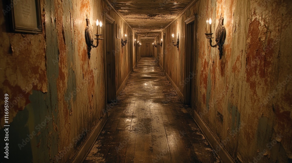 Fototapeta premium Dark, long, dimly lit hallway in an abandoned building with peeling paint and candle sconces.