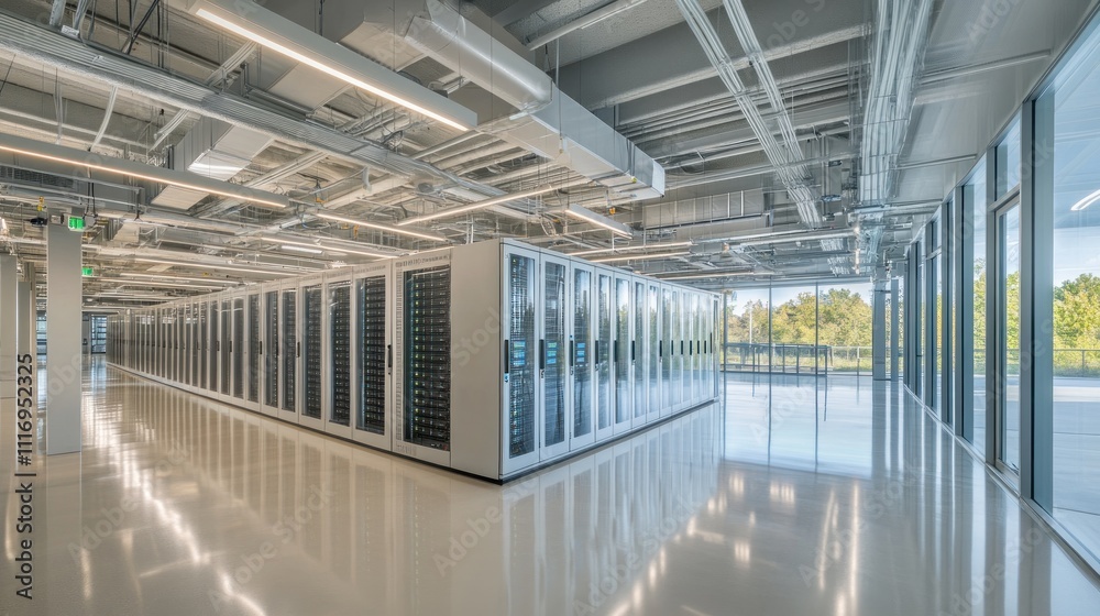 Fototapeta premium Modern data center interior with rows of servers and large windows overlooking green landscape.