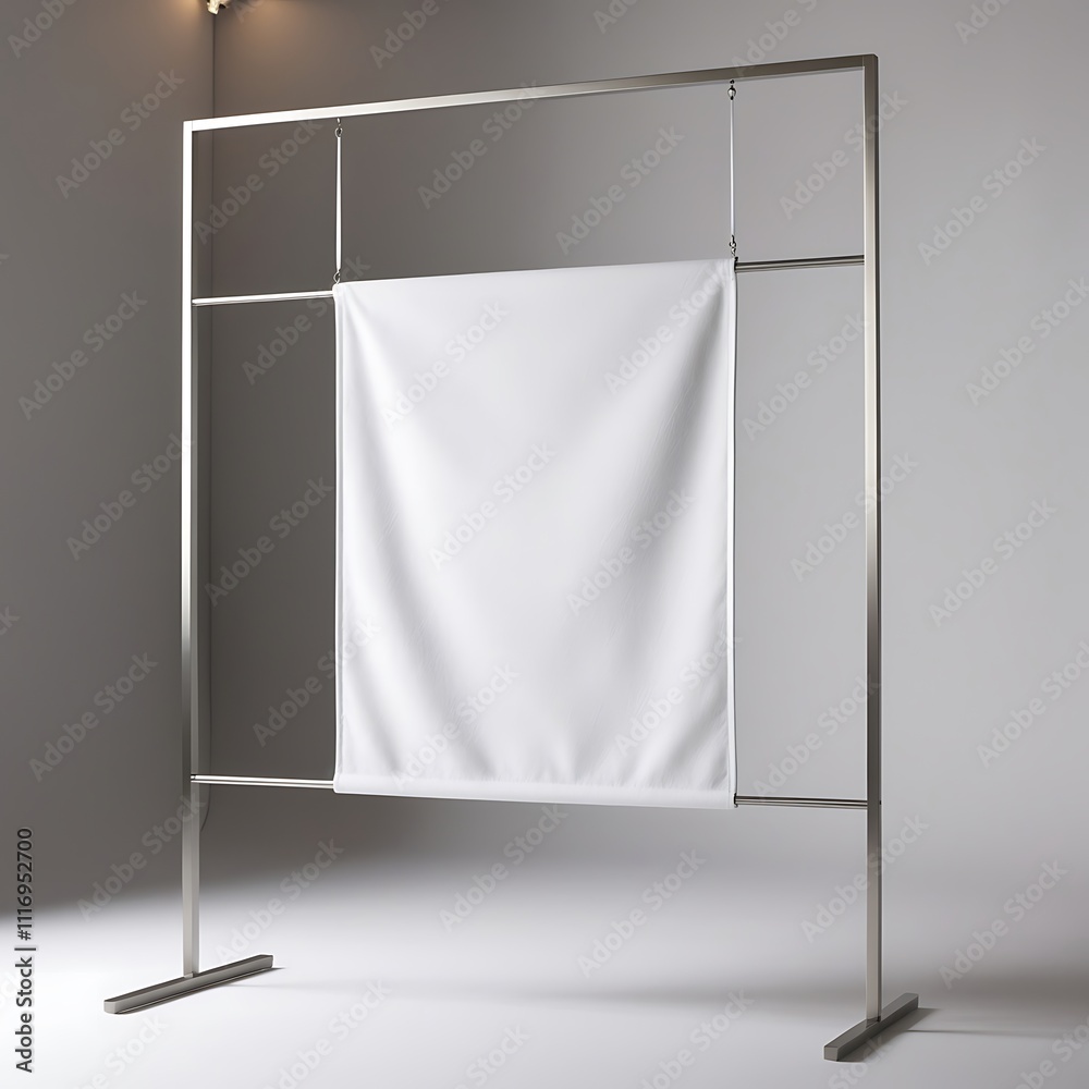 A Sleek, Minimalistic Display With A Hanging White Fabric Panel, Perfect For Showcasing Art Or Banners. A Sleek, Minimalistic Display With A Hanging White Fabric Panel, Perfect For Showcasing Art Or Banners.