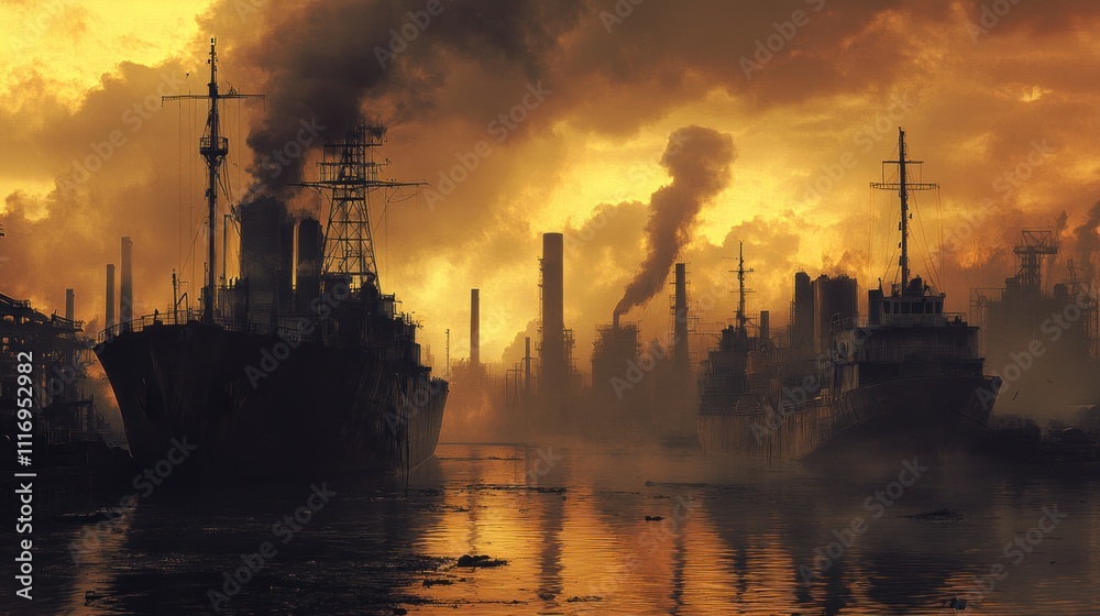 Naklejka premium Apocalyptic industrial harbor at sunset, ships and factories emitting smoke.