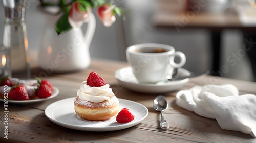 Savor strawberry cream donuts and coffee in a cozy atmosphere for a sweet experience