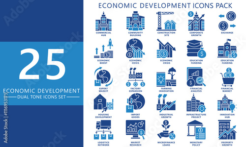 Economic development dual tone icons set. contain construction site, crisis, exchange, investment, growth, innovation, export and more. Vector EPS 10 for UI or UX kit, web and app, business, finance.