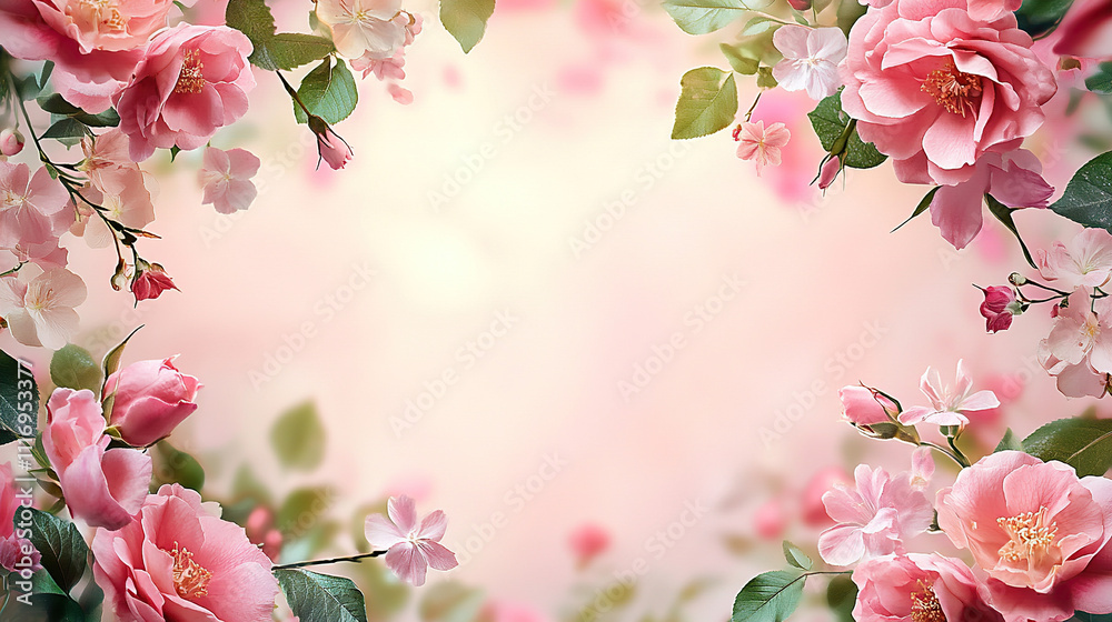 Obraz premium Beautiful pink floral frame background with space for text or photo, pastel flowers border on a soft light background