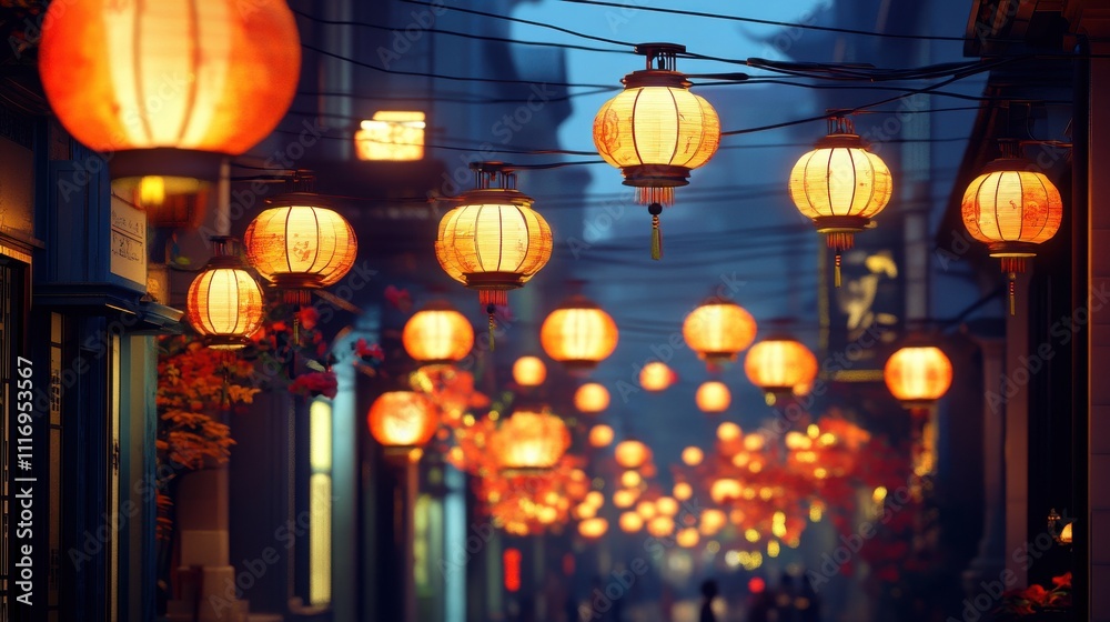 A picturesque, lantern-lit alleyway at night.  Warm, orange lanterns hang from lines above the street, illuminating the dark narrow streets of a traditional Asian city