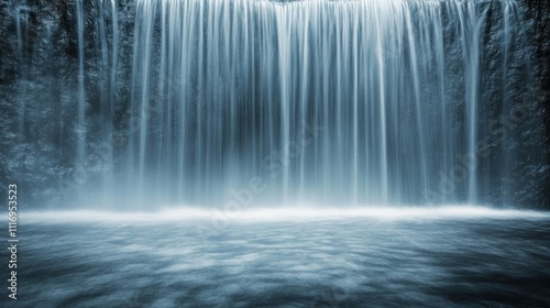 Serene waterfall cascading into a calm pool, showcasing smooth water flow and tranquil atmosphere.