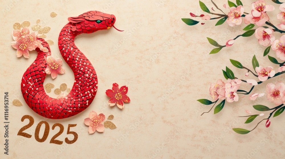 Obraz premium Chinese New Year background. Happy new year. Traditional Chinese elements. Red paper fans, Tangerines, green snake, dragon, pink plum blossoms and gold ingots. Chinese New Year frame. Copy space 