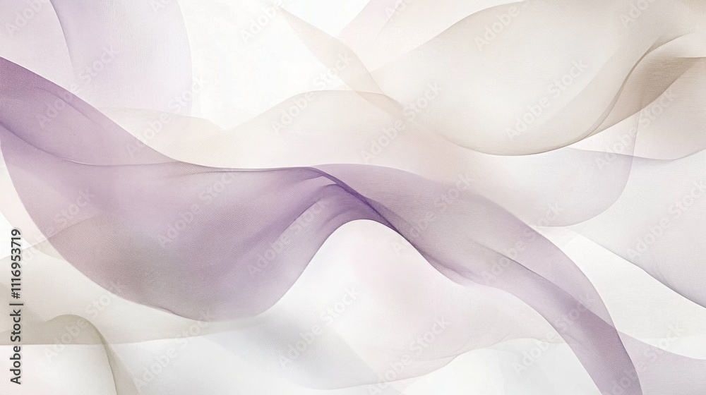 Obraz premium Abstract flowing translucent fabric waves in soft purple and beige tones on white background.