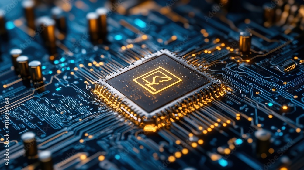 Close-up of Detailed Circuit Board with Microprocessor, Capacitors, Resistors, and Integrated Circuits
