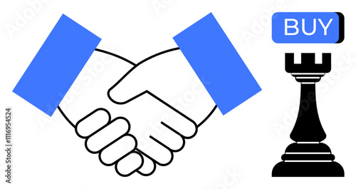 Handshake hands, blue cuffs, black chess rook with BUY labeled button. Symbolizes partnership, strategic decisions, negotiation, business mergers, investments, alliances, and teamwork. Line metaphor