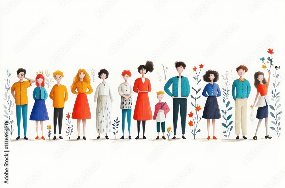 Hand-Drawn Illustration of Diverse Women and Men Across Generations Hand-Drawn Illustration of Diverse Women and Men Across Generations