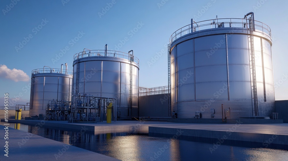Obraz premium Three large industrial storage tanks at a refinery or chemical plant, reflecting in a calm water channel at sunset.
