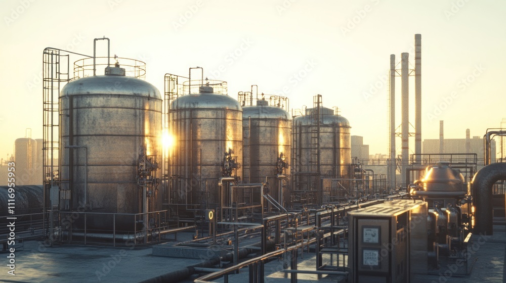 Obraz premium Industrial Sunset: A Golden Hour at the Refinery