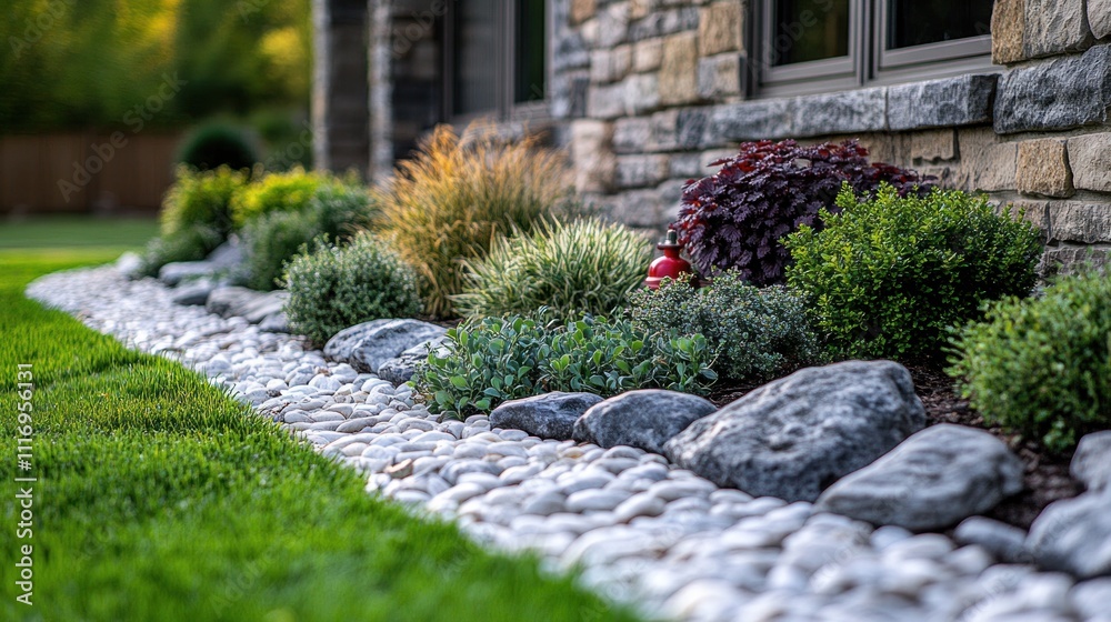 Obraz premium Lush landscaping with stone border and diverse plants.
