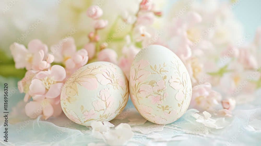 Fototapeta premium Painted pastel Easter eggs with flowers and soft decor