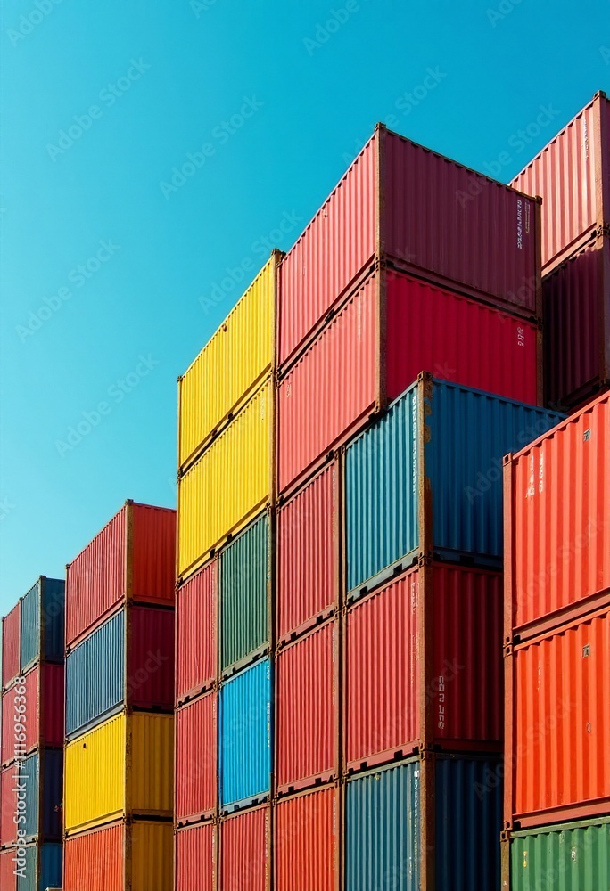 Modern Logistics in Action: Stunning Panoramic View of Vibrant Red, Yellow, Blue, and Green Shipping Containers at a Busy Port Terminal with a Clear Blue Sky Modern Logistics in Action: Stunning Panoramic View of Vibrant Red, Yellow, Blue, and Green Shipping Containers at a Busy Port Terminal with a Clear Blue Sky