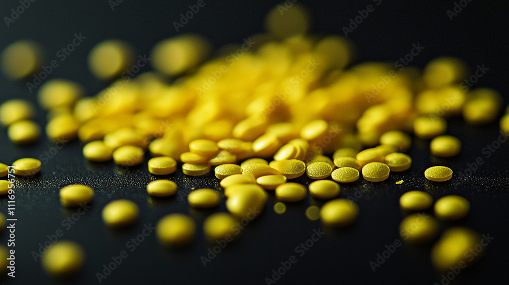 Bright yellow pills scattered on a dark surface, showcasing texture and color contrast Bright yellow pills scattered on a dark surface, showcasing texture and color contrast