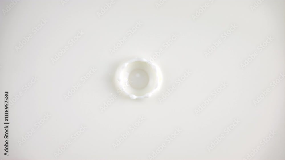Fresh milk drop falling and splashing in a milky pool from above. Slow motion rings and ripple top view
