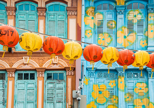 Photography Blue Shuttered Windows and Colorful Chinese Lanterns in Singapore