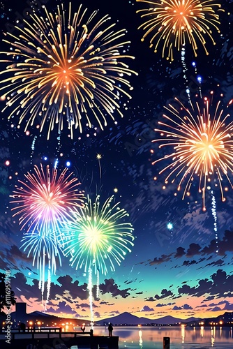 Anime cartoon style, Abstract colored fireworks background with beautiful fireworks lighting up the night sky. Bokeh effect