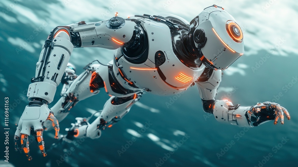 A futuristic robot exploring an underwater environment. A futuristic robot exploring an underwater environment.