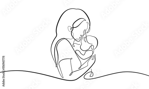 Happy Mothers Day Line Art Vector Illustration. Continuous Single Line Drawing of Mother Holds Little Child. Happy Family Hand Drawn Contour Silhouette Outline Style. 