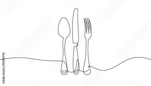 Tableware Fork, Knife, Spoon in Continuous One Line Style. One Line Drawing of Silverware Vector Illustration. Cutlery Line Art Simple Drawing for Minimalistic Design