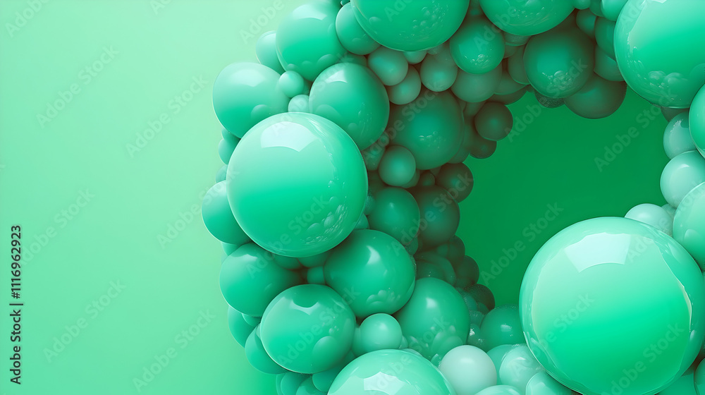 Fototapeta premium Abstract teal spheres forming a ring against a light green background.